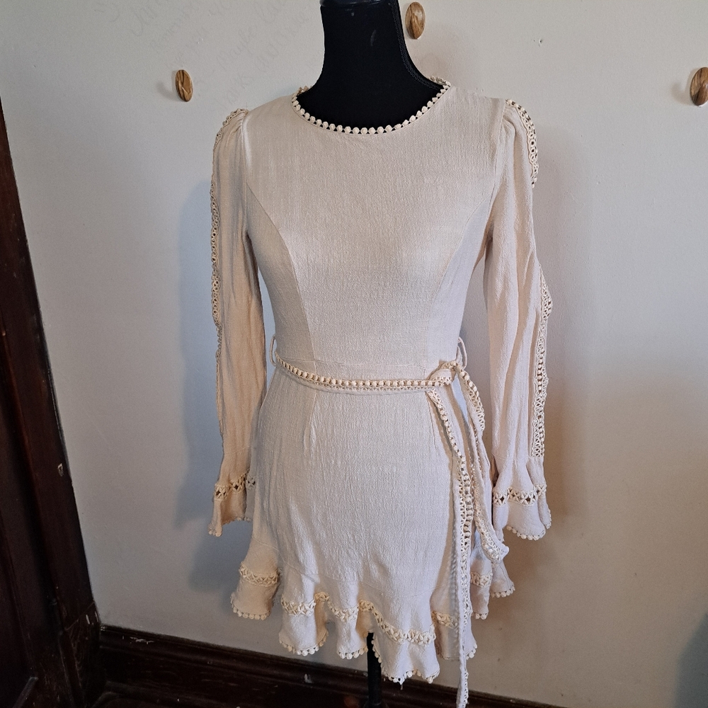 Hello Molly Cream Ruffled Long Bishop Sleeve Mini Dress Size 6